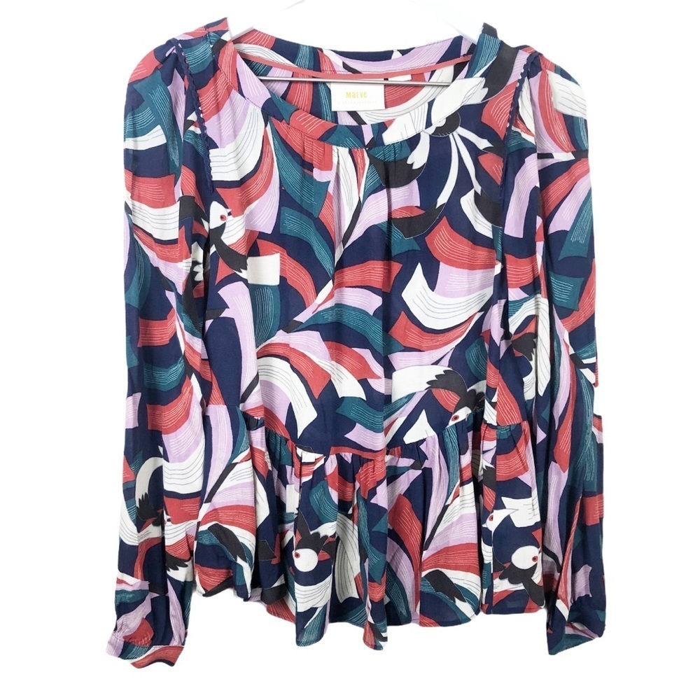 Printed Long-Sleeve Peplum Blouse - Navy Multi